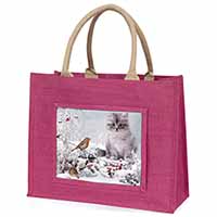 Kitten and Robin in Snow Print Large Pink Jute Shopping Bag