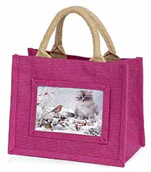 Kitten and Robin in Snow Print Little Girls Small Pink Jute Shopping Bag