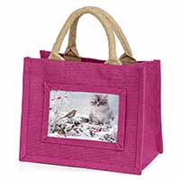Kitten and Robin in Snow Print Little Girls Small Pink Jute Shopping Bag