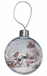 Kitten and Robin in Snow Print Christmas Bauble