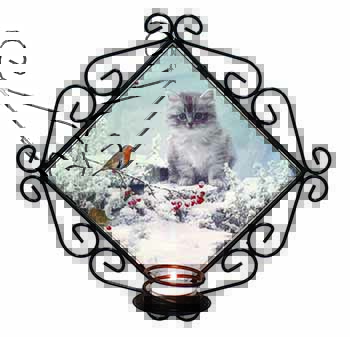 Kitten and Robin in Snow Print Wrought Iron Wall Art Candle Holder