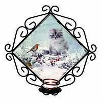 Kitten and Robin in Snow Print Wrought Iron Wall Art Candle Holder