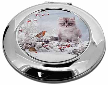 Kitten and Robin in Snow Print Make-Up Round Compact Mirror