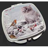 Kitten and Robin in Snow Print Make-Up Compact Mirror