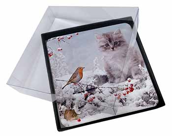 4x Kitten and Robin in Snow Print Picture Table Coasters Set in Gift Box