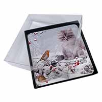 4x Kitten and Robin in Snow Print Picture Table Coasters Set in Gift Box