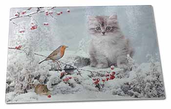 Large Glass Cutting Chopping Board Kitten and Robin in Snow Print