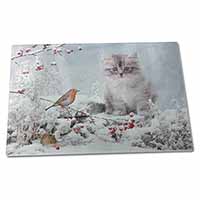 Large Glass Cutting Chopping Board Kitten and Robin in Snow Print