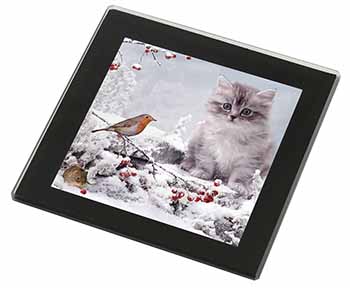 Kitten and Robin in Snow Print Black Rim High Quality Glass Coaster