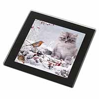 Kitten and Robin in Snow Print Black Rim High Quality Glass Coaster