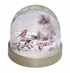 Kitten and Robin in Snow Print Snow Globe Photo Waterball