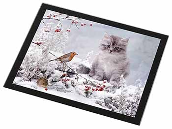 Kitten and Robin in Snow Print Black Rim High Quality Glass Placemat