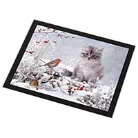 Kitten and Robin in Snow Print Black Rim High Quality Glass Placemat