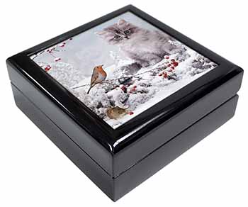 Kitten and Robin in Snow Print Keepsake/Jewellery Box
