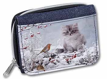 Kitten and Robin in Snow Print Unisex Denim Purse Wallet