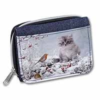 Kitten and Robin in Snow Print Unisex Denim Purse Wallet