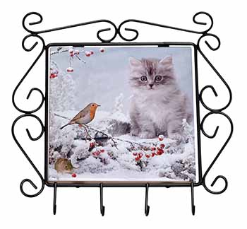 Kitten and Robin in Snow Print Wrought Iron Key Holder Hooks