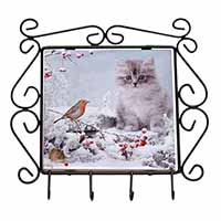 Kitten and Robin in Snow Print Wrought Iron Key Holder Hooks