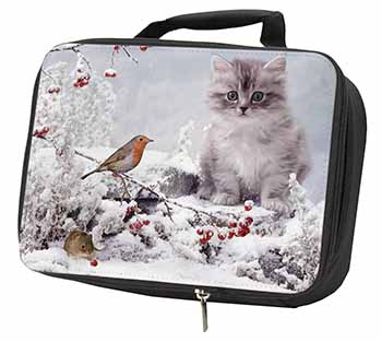 Kitten and Robin in Snow Print Black Insulated School Lunch Box/Picnic Bag