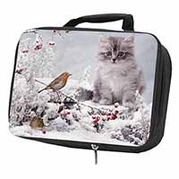 Kitten and Robin in Snow Print Black Insulated School Lunch Box/Picnic Bag