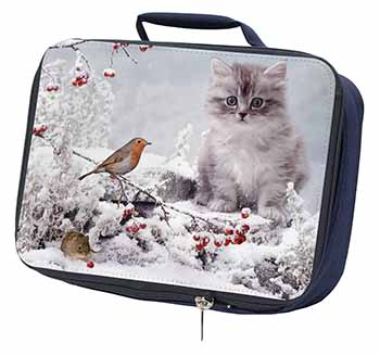 Kitten and Robin in Snow Print Navy Insulated School Lunch Box/Picnic Bag