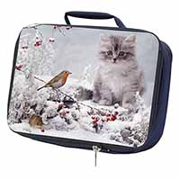 Kitten and Robin in Snow Print Navy Insulated School Lunch Box/Picnic Bag