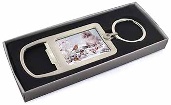 Kitten and Robin in Snow Print Chrome Metal Bottle Opener Keyring in Box