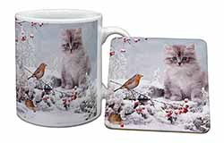 Kitten and Robin in Snow Print Mug and Coaster Set