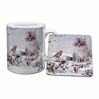 Kitten and Robin in Snow Print Mug and Coaster Set