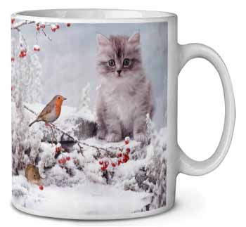 Kitten and Robin in Snow Print Ceramic 10oz Coffee Mug/Tea Cup
