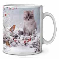 Kitten and Robin in Snow Print Ceramic 10oz Coffee Mug/Tea Cup