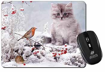 Kitten and Robin in Snow Print Computer Mouse Mat