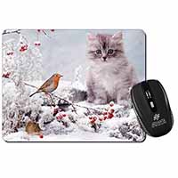 Kitten and Robin in Snow Print Computer Mouse Mat