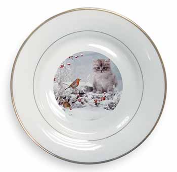 Kitten and Robin in Snow Print Gold Rim Plate Printed Full Colour in Gift Box