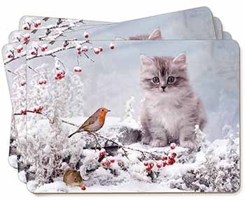 Kitten and Robin in Snow Print Picture Placemats in Gift Box