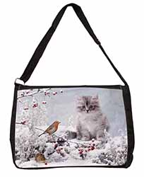 Kitten and Robin in Snow Print Large Black Laptop Shoulder Bag School/College