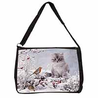 Kitten and Robin in Snow Print Large Black Laptop Shoulder Bag School/College