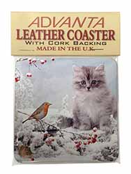 Kitten and Robin in Snow Print Single Leather Photo Coaster