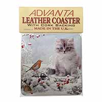 Kitten and Robin in Snow Print Single Leather Photo Coaster