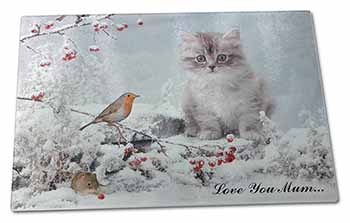 Large Glass Cutting Chopping Board Kitten in Snow 