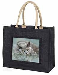 British Blue Cat Laying on Glass Large Black Jute Shopping Bag