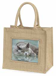 British Blue Cat Laying on Glass Natural/Beige Jute Large Shopping Bag