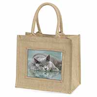 British Blue Cat Laying on Glass Natural/Beige Jute Large Shopping Bag