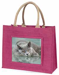 British Blue Cat Laying on Glass Large Pink Jute Shopping Bag