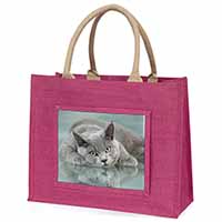 British Blue Cat Laying on Glass Large Pink Jute Shopping Bag