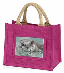 British Blue Cat Laying on Glass Little Girls Small Pink Jute Shopping Bag