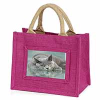 British Blue Cat Laying on Glass Little Girls Small Pink Jute Shopping Bag