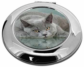 British Blue Cat Laying on Glass Make-Up Round Compact Mirror