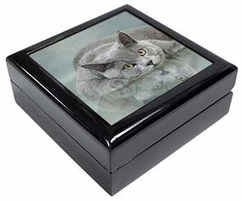 British Blue Cat Laying on Glass Keepsake/Jewellery Box