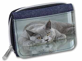British Blue Cat Laying on Glass Unisex Denim Purse Wallet